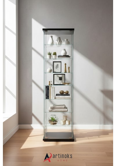 Cam Raflı Kapaklı Düzenleyici Banyo Dolabı Çok Amaçlı Lavabo Malzeme Dolap Havluluk Organizer Siyah 7 Raf