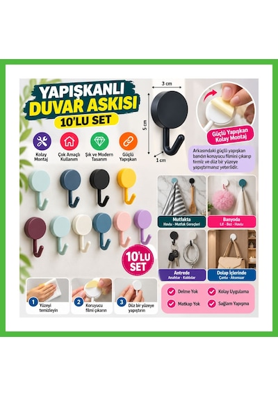 Vaveni 10 Lu Plastik Kendinden Yapışkanlı Renkli Askı Seti Arz