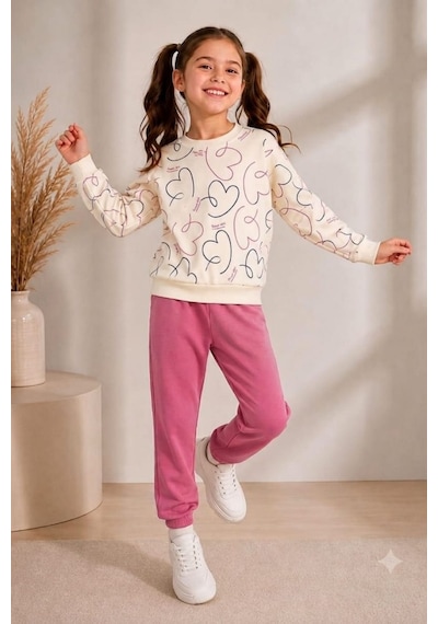 Pina Kids Kız Çocuk Kalpli Desenli Okul Günlük Eşofman Takımı Esf7035 Pembe