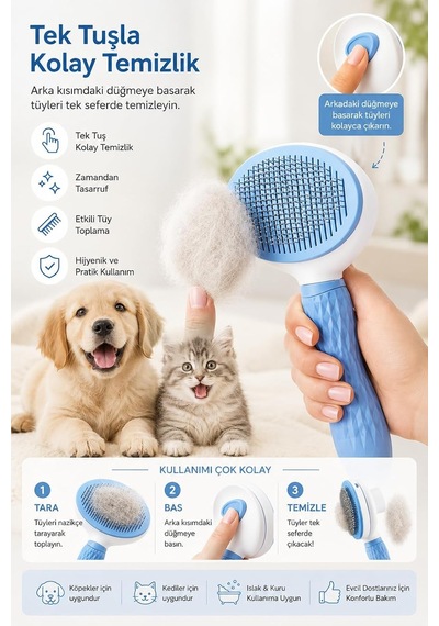 Otomatik Temizlenen Tüy Toplama Tarağı Basmalı Mekanizmalı Kedi Köpek Tarağı Çelik İğneli Cilt Dostu Ergonomik Saplı Uzun Ve Kısa Tüyler İçin Mavi