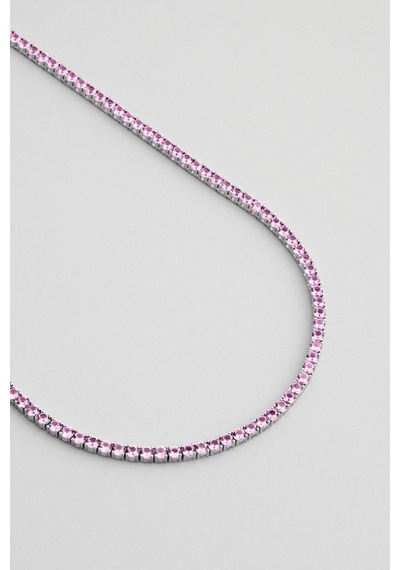 Pembe Taşlı 18 Ayar Beyaz Altın Kaplama 42 Cm Gümüş Su Yolu Kolye