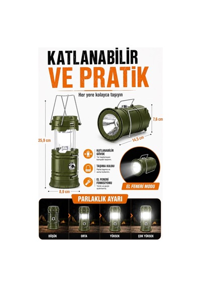 Lexroo 3 Fonksiyonlu Şarjlı Solarlı Kamp Lambası El Feneri Powerbank Özellikli Taşıma Kulplu Haki