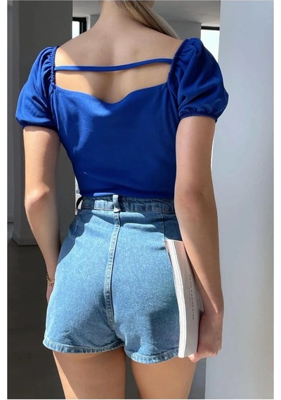 Kadın Şık Krep Kumaş Kare Yaka Askılı Bluz Saks