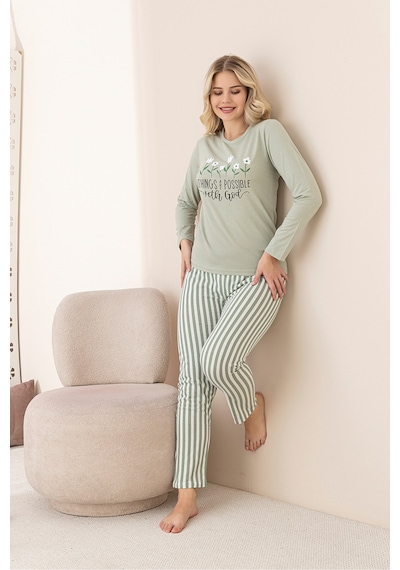 Rindahomewear Kadın Çiçek Baskılı Süprem Uzun Kol Pijama Takımı Yeşil