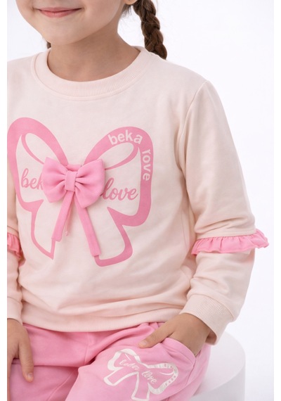 Beka Kids Kız Çocuk Kurdele Detaylı Siyah Sweatshirt Pantolon Alt Üst Takım Pembe