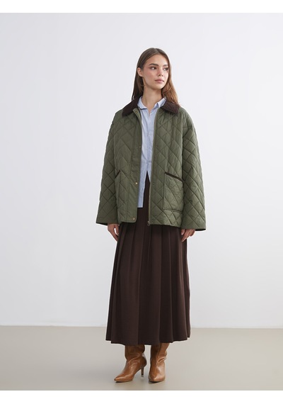 Lcw Modest Haki Kadife Gömlek Yaka Oversize Kadın Şişme Mont