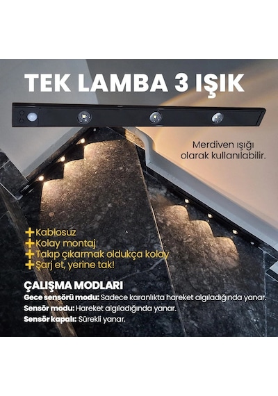 Upway Sensörlü 40 Cm 3 Lü Led Lamba 3 Renkli Ayarlanabilir Tezgah Merdiven Dolap Aydınlatma Siyah