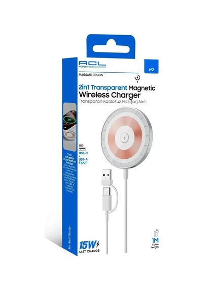Aw24 2in1 Şeffaf Magsafe İle Uyumlu Kablosuz Şarj Cihazı Usb-a/type-c Çift Giriş, 15w Hızlı Manyetik Şarj - 1