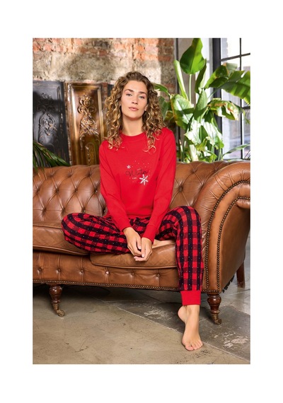 Aydoğan Kadın O Yaka Bileği Ribanalı Kırmızı Alçin Pijama Takımı 0593