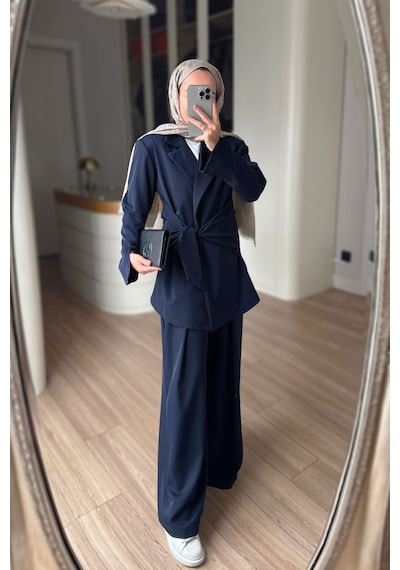 Ka Hijab Yandan Bağlamalı Ceket Takım - Lacivert