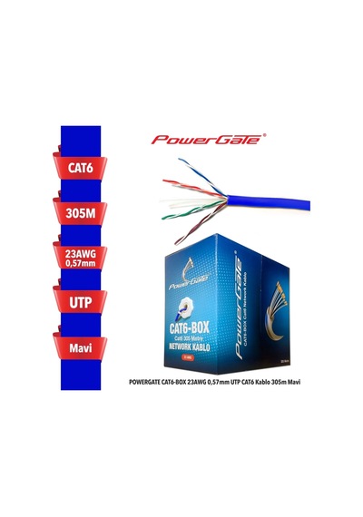 Powergate Cat6-box-bl, 23awg 0,57mm, Utp, Cat6 Kablo, 305m, Mavi