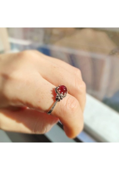 Oriental Kuyumculuk Jewellery Papatya Desenli Akik Taşlı Gümüş Yüzük Gümüş