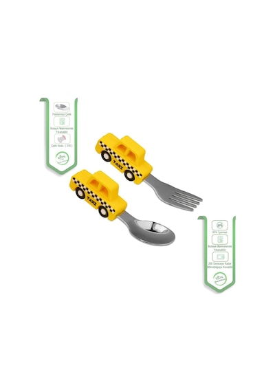 Jojobebek Kaşık Çatal Seti, Ergonomik Kısa Saplı Silikon, Paslanmaz Çelik Uçlu, Saklama Kutulu, (9-24 Ay) (TAKSİ FİGÜRLÜ-SARI)