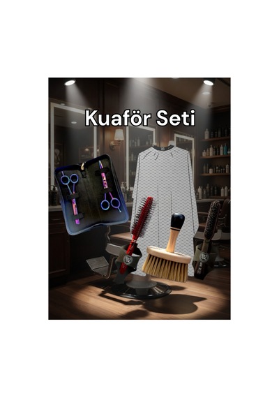 Deri Düğmeli Penuar, Koz02 Ense Fırçası, Koz06 Tarak, Koz03 Makas Seti Kuaför Seti