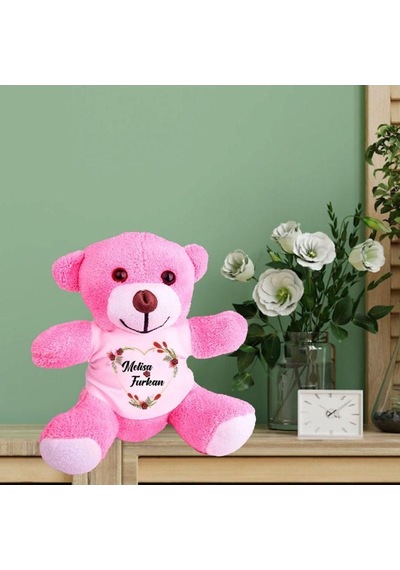 Kişiye Özel İsim Baskılı Kalp Temalı Sevgili Peluş Pembe Ayı Hk2