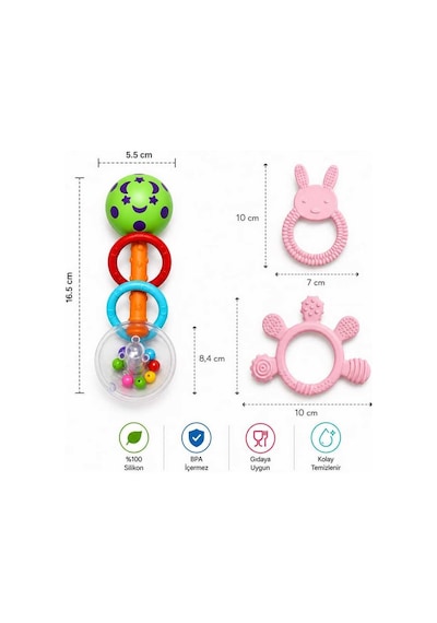 3lü Çıngıraklı Diş Kaşıyıcı Set Pembe