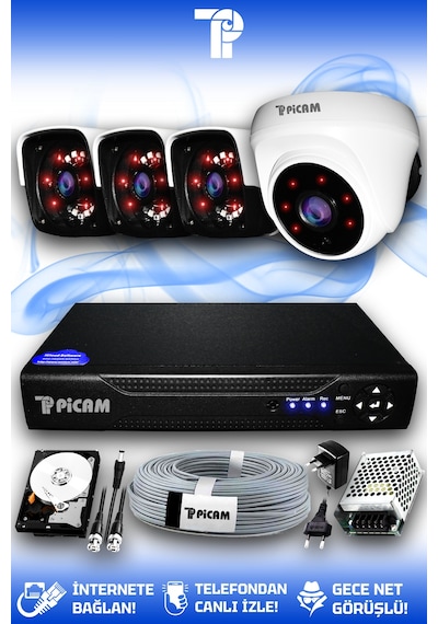 Picam 4 Kameralı Panda 1 İç Kamera Set 2 TB HDD Full HD Gece Görüşlü Güvenlik Kamerası Sistemi