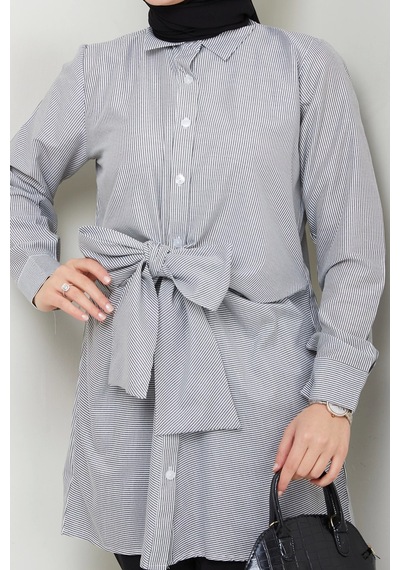 Çizgili Poplin Bağlamalı Gömlek - Siyah / Ü103 Siyah
