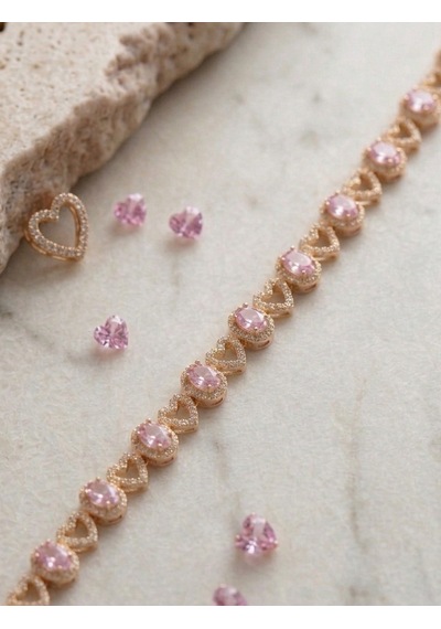 Pembe Taşlı Kalp Detaylı Kadın Bileklik Altın - Pembe