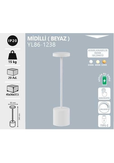Noas Midilli Masa Lambası Şarj Edilebilir Whıte- 3 Renk Diğer