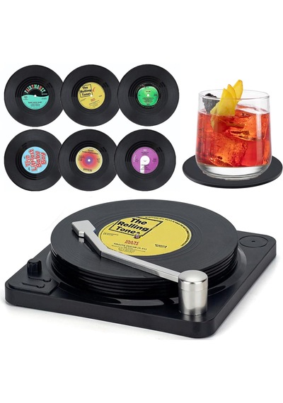 Eski Plak Çalar 7 Parça Dekorlu 6 Lı Bardak Altlığı Vintage Plak Retro Müzik Vinil Dekoru Çok Renkli - Siyah