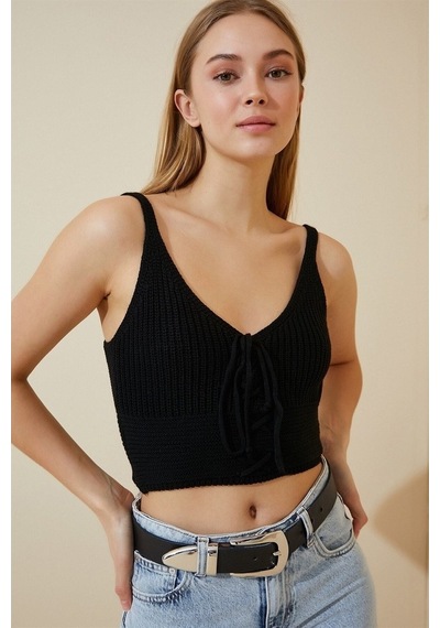 Aqe Fashion Kadın Siyah Önü Bağcıklı Bluz-Siyah