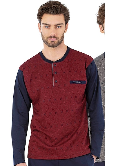 6059 Erkek Uzun Kollu Önden Üç Düğmeli Pijama Takım-bordo Bordo