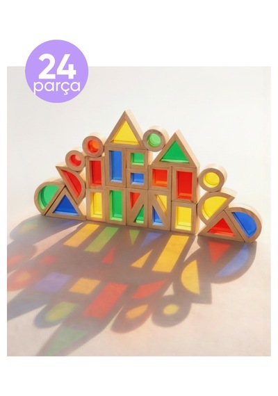 Oyuncak Ahşap Bloklar Rainbow Blok Seti 24 Parça Waldorf Eğitici Doğal Ahşap Geometrik Renkli Blok