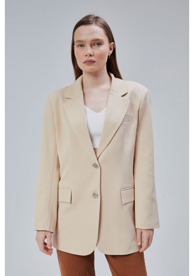 Kadın Oversize Düz Kesim Astarlı Dokuma Blazer Ceket Vizon