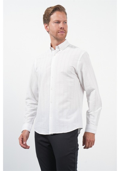 İmza Beyaz-kahverengi Yumuşak Yaka Uzun Kol Slim Fit Pamuklu Gömlek 1004260260 Beyaz - Kahverengi