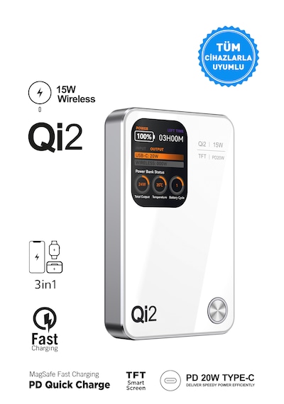 10.000 Mah Magsafe Hızlı Şarj Qı2/pd 20w Tft Ekranlı Powerbank Premium Serisi Beyaz