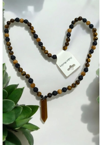 Kaplan Gözü Kolye Kaplan Gözü Taşı Lav Taşı Hematit Taşı Sandal Kolye 65 Cm Doğal Taş Kolye Renkli Renkli