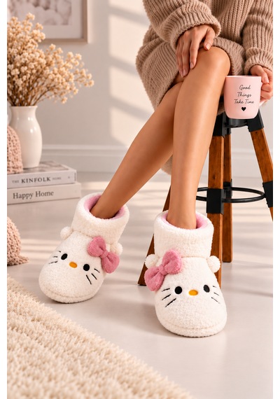 Moon Cloud Moo Kadın Peluş Pudra Hello Figürlü Ev Botu Kışlık Sıcak Tutan Yumuşak Tabanlı Sevimli Terlik Ev Panduf Ev Beyaz - Pembe