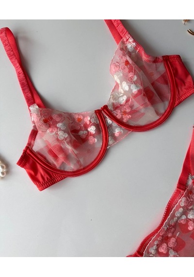 Daniela Kadın Nar Çiçeği Çiçek Desenli Tanga Detaylı Transpran Seksi İkili Sütyen Takım