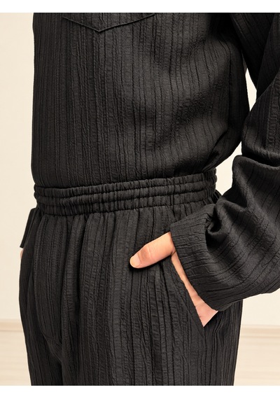 Erkek Hac Umre Takımı Kırınkıl Kumaş Rahat Kalıp Gömlek Pantolon İkili Takım Üç Düğmeli Siyah