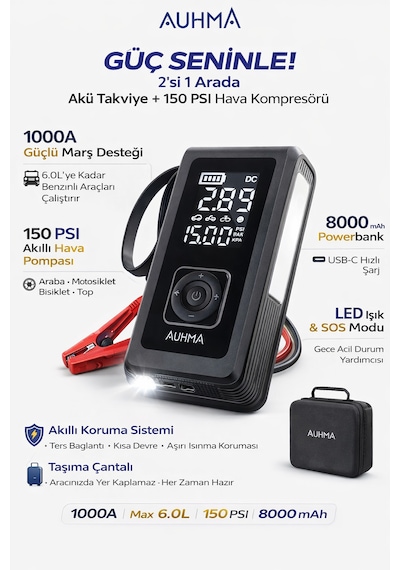 Taşınabilir Akü Takviye Cihazı & Hava Kompresörü 8000a Araç Jump Starter, 150 Psı Lastik Pompası A7700
