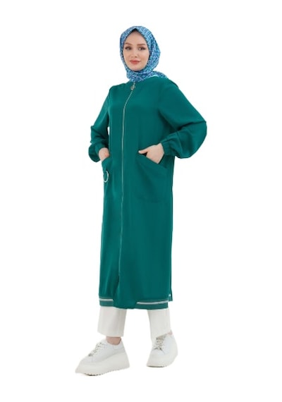 Armine Kadın Kolları Lastikli Cepli Fermuarlı Giy Çık 24yt546 Zümrüt