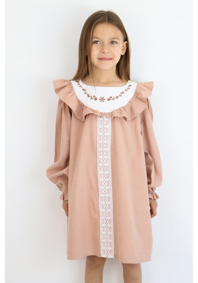 Miababy Nakış Detaylı Keten Elbise 1-8 Yaş Kahverengi