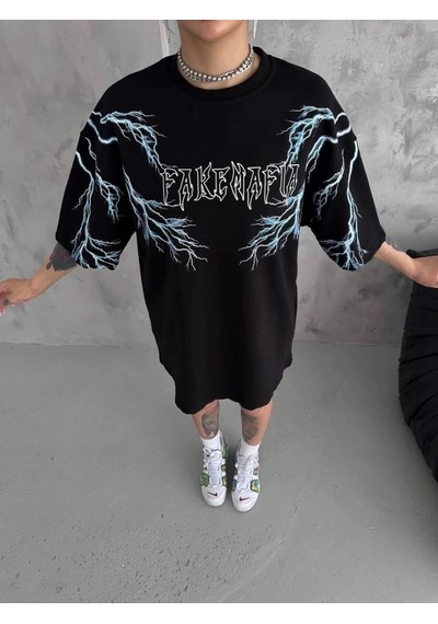 Freedom Storee Kadın Bisiklet Yaka Baskılı Kısa Kol Oversize T-shirt - Siyah Çok Renkli
