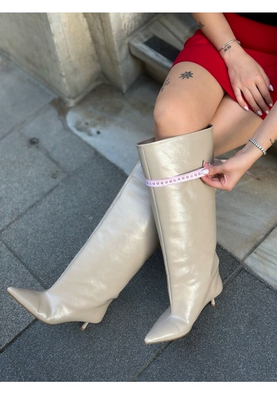 Erva'nın Butiği Bej Cilt Veray Xl Oversize Kalın Baldır 5 Cm Mini Topuk Çizme-6404