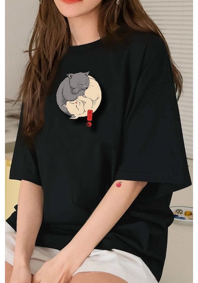 Unisex Kedi Baskılı T-shirt Siyah