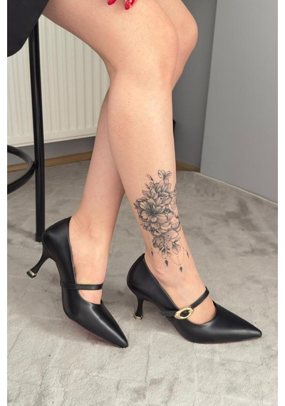 Preshley Kadın Sarah Siyah Cilt 7cm Ince Topuk Önden Tokalı Ayakkabı Stiletto Siyah
