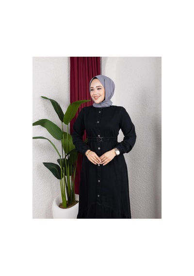 Hb Harma Time Butik Kadın Düğmeli Kuşaklı Denim Siyah Kot Elbise Siyah Siyah