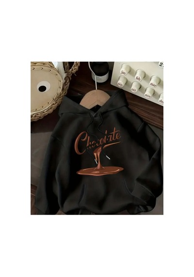 Herkesemoda Chocolate Baskı Detaylı Kapüşonlu Sweatshırt Siyah