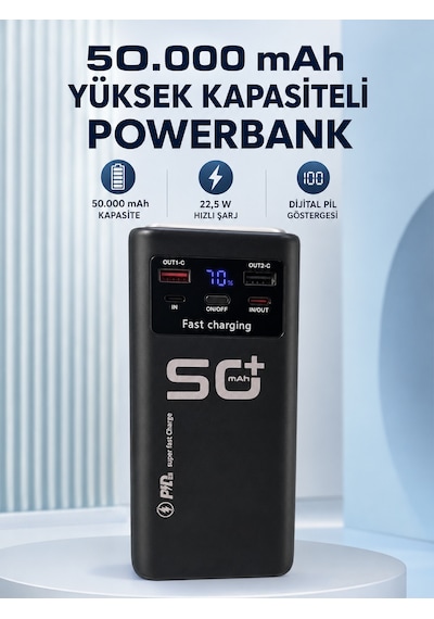 50.000 Mah Taşınabilir Powerbank 22,5 W Hızlı Şarj 4 Dahili Şarj Kablosu Dijital Ekran Led Aydınlatma Ve Taşıma Sapı Diğer