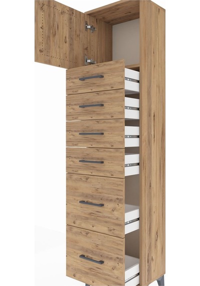 Arges Dolap Tek Raflı 6 Çekmeceli Tek Kapaklı 44x30x182 Çam-çam Çam