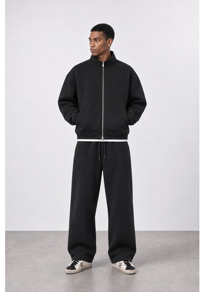 Respire Erkek Crop Fit Panda Oversize Zip Siyah