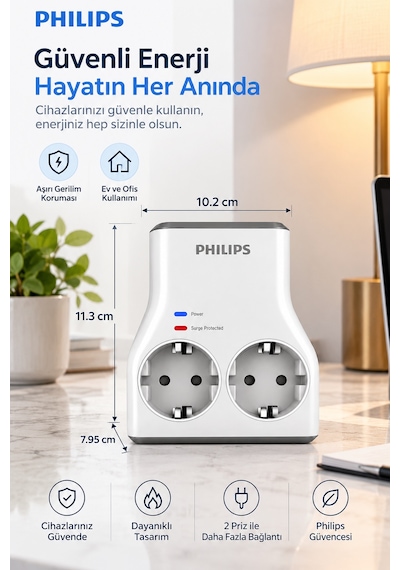 Philips Chp7022w/62 İkili Akım Korumalı Priz 1140j Aşırı Gerilim Koruma Yok