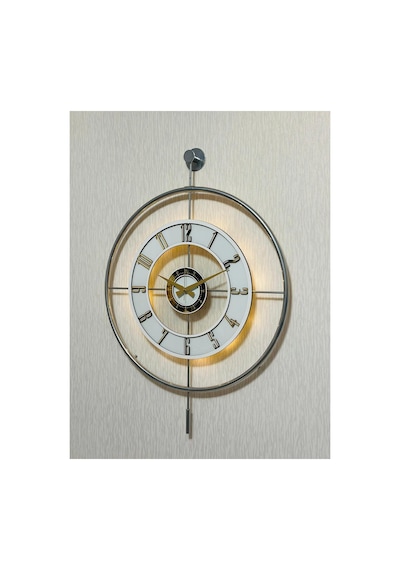 Pey Aksesuar Metal Camlı Duvar Saati Krom Toz Boya 60x80cm Büyük Boy Işıklı Gerçek Cam Duvar Saati Modern Tasarım Gri