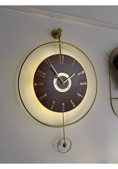 Metaquartz Aksesuar Büyük Boy 50x75cm Quartz Mekanizma Ispanyol Orbit Time , Metal Ahşap Duvar Saati Gold,